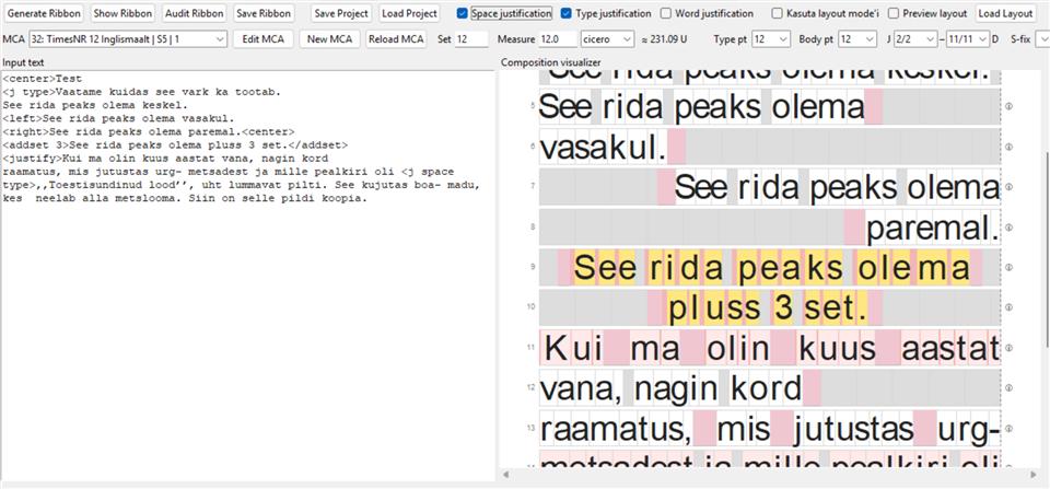 Typomatix showing input text beside a line-by-line Monotype composition preview